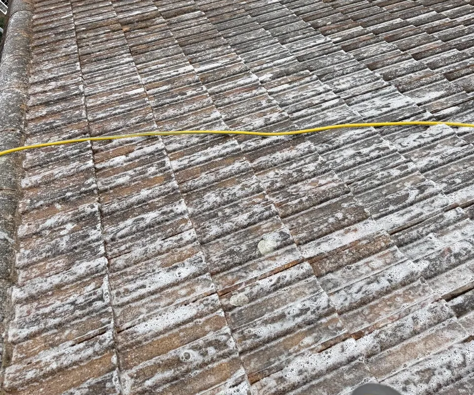 Grey ribbed concrete roof tiles with pale patches of biocide, and a yellow hose across the slope.