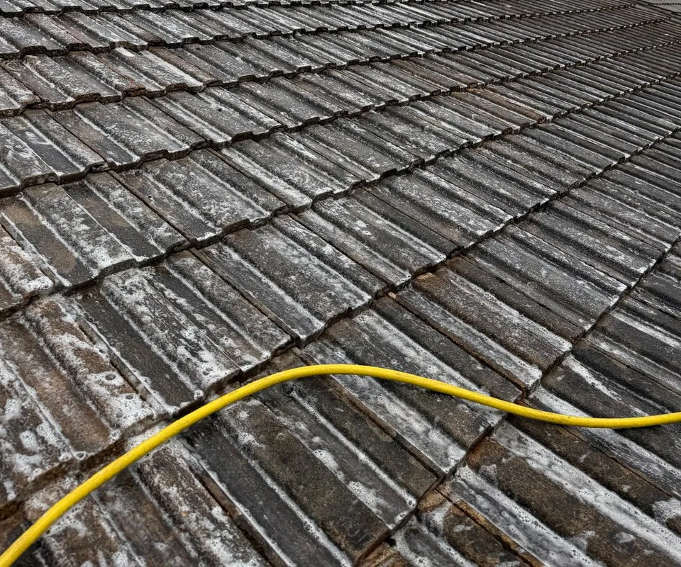 Rows of grey concrete roof tiles streaked white with biocide, and a yellow hose curving over them.