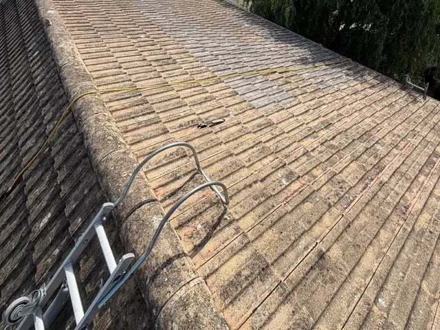 A roof ladder hooked over the ridge of a cleaned concrete tile slope, a yellow hose beyond.
