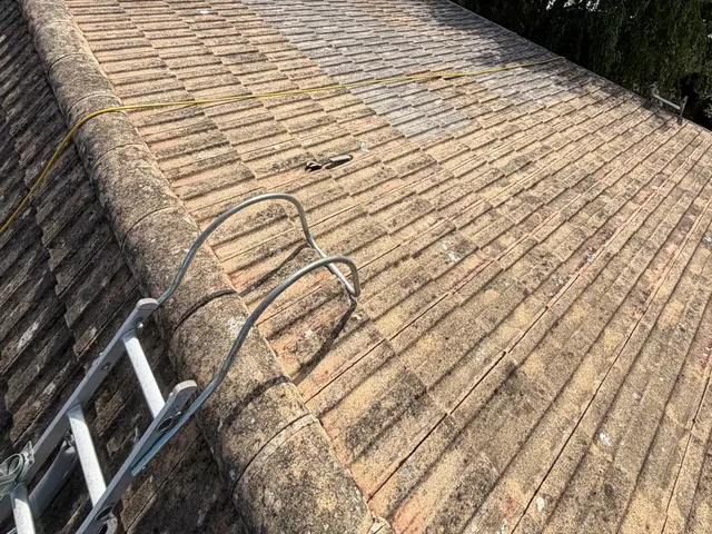 The same concrete tile roof after cleaning, a roof ladder hooked over the ridge.