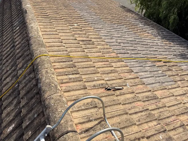 The same roof of brown tiles cleaned, a yellow hose over the ridge and a roof ladder on the slope.
