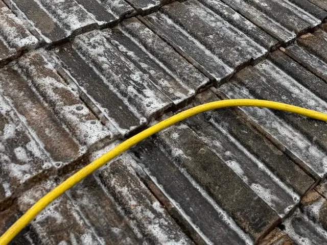Wet grey concrete roof tiles marked white, with a yellow hose laid over them.