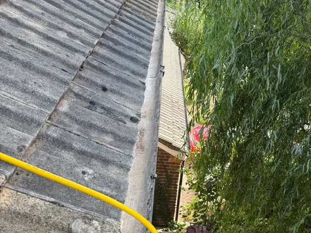 The roof edge and gutter, with a yellow hose leading down over the tiles.